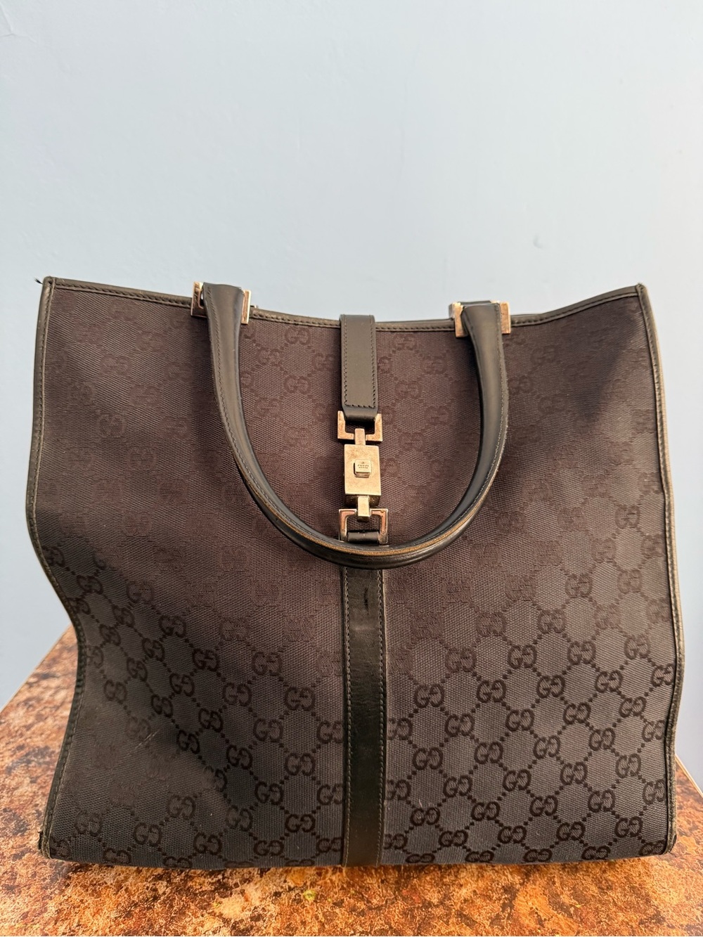 Gucci GG Monogram Pattern Jackie Tote Bag Black Silver Hardware